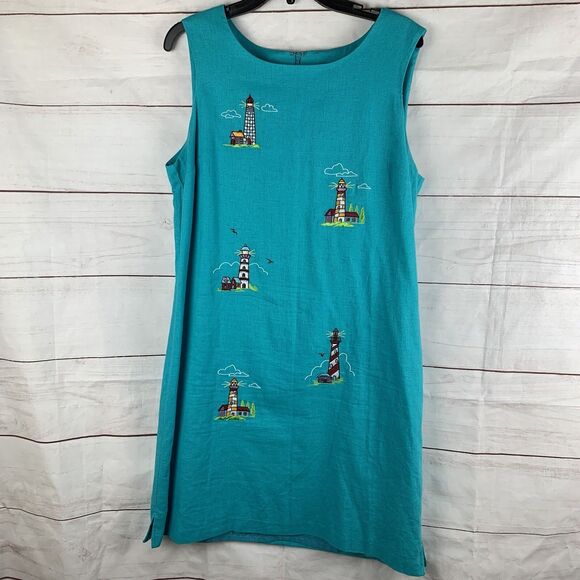 Vintage Dress Linen Embroidered 12 14 XL Lighthouses Nautical Marine Blue Teal - Picture 2 of 16
